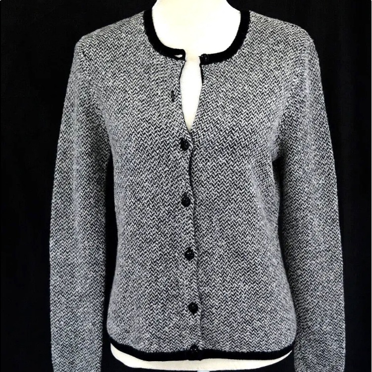 Talbots Wool Rayon Silk Blend Cardigan Grey Black Front Button, Sz M